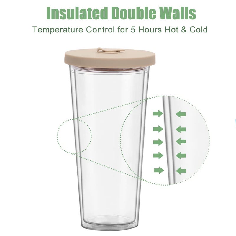 UHAPEER 2 Pack Reusable Boba Tea Cups, 24oz Iced Coffee Cup with Straw and Lid, Leakproof Clear Plastic Cups Tumbler, Double Wall Insulated Smoothie Tumbler, Wide Straw for Bubble Tea, Cinnamon&Olive - Image 4